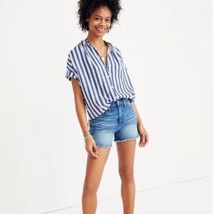 BeachLunchLounge Linen Blue Shea Stripe Short Sleeve Button Front Shirt Medium